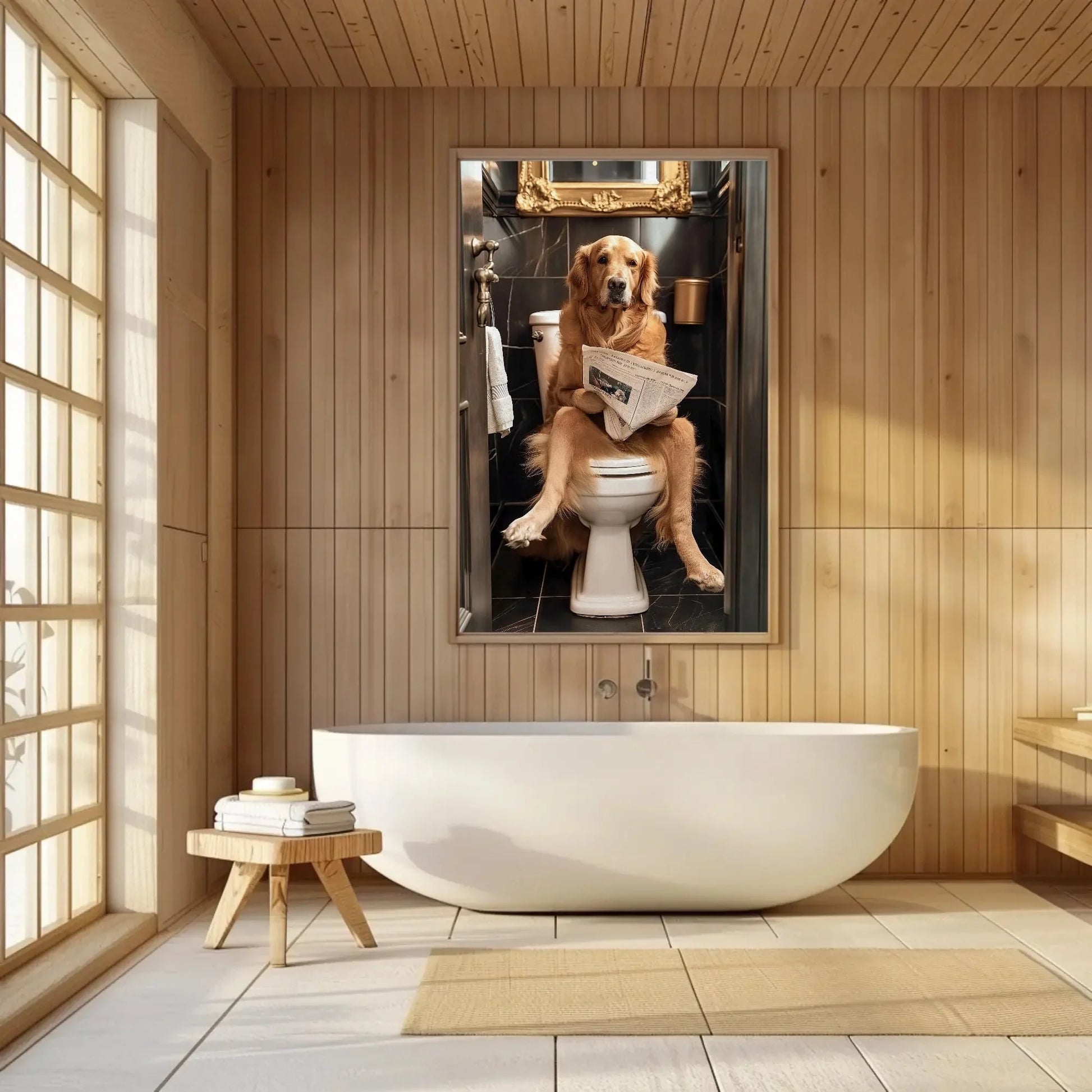 Golden Retriever Reading Newspaper on Toilet Canvas Print - Toilet Humor - Whimsical Bathroom Art - Funny Animal Print - HQ Ready to Hang Wall Art – Canvas Print