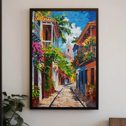 Cartagena Street Oil Painting Canvas Print | Vibrant Colombian Wall Art | Rustic Cultural Decor for Living Room or Bedroom | Ready to Hang Wall Art – Canvas Print