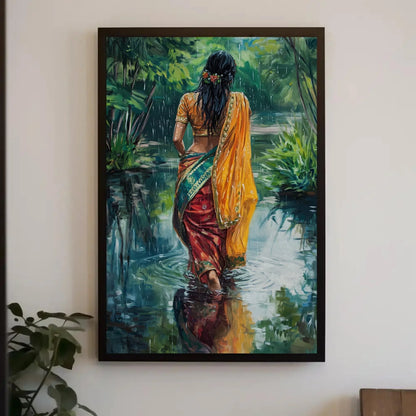 Indian Women in Sarees Walking in Rain Canvas Print | Vibrant Traditional Oil Painting | Cultural Indian Wall Art for Living Room or Bedroom Wall Art – Canvas Print