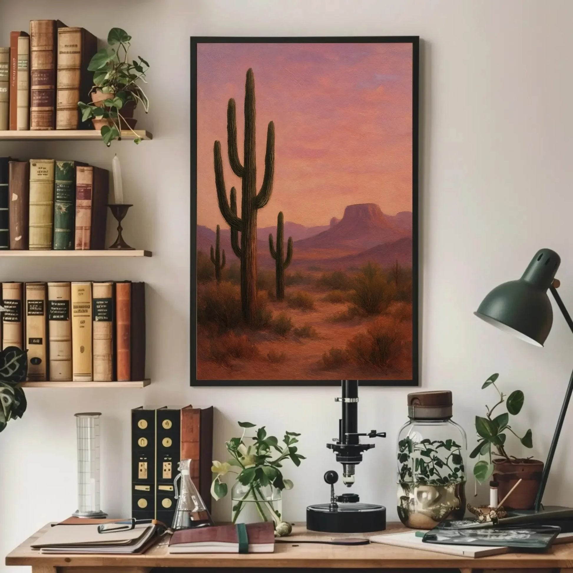 Desert Cactus Sunset Canvas Print, Southwestern Saguaro Wall Art for Boho Living Room or Office, Warm Western Landscape Print Wall Art – Canvas Print