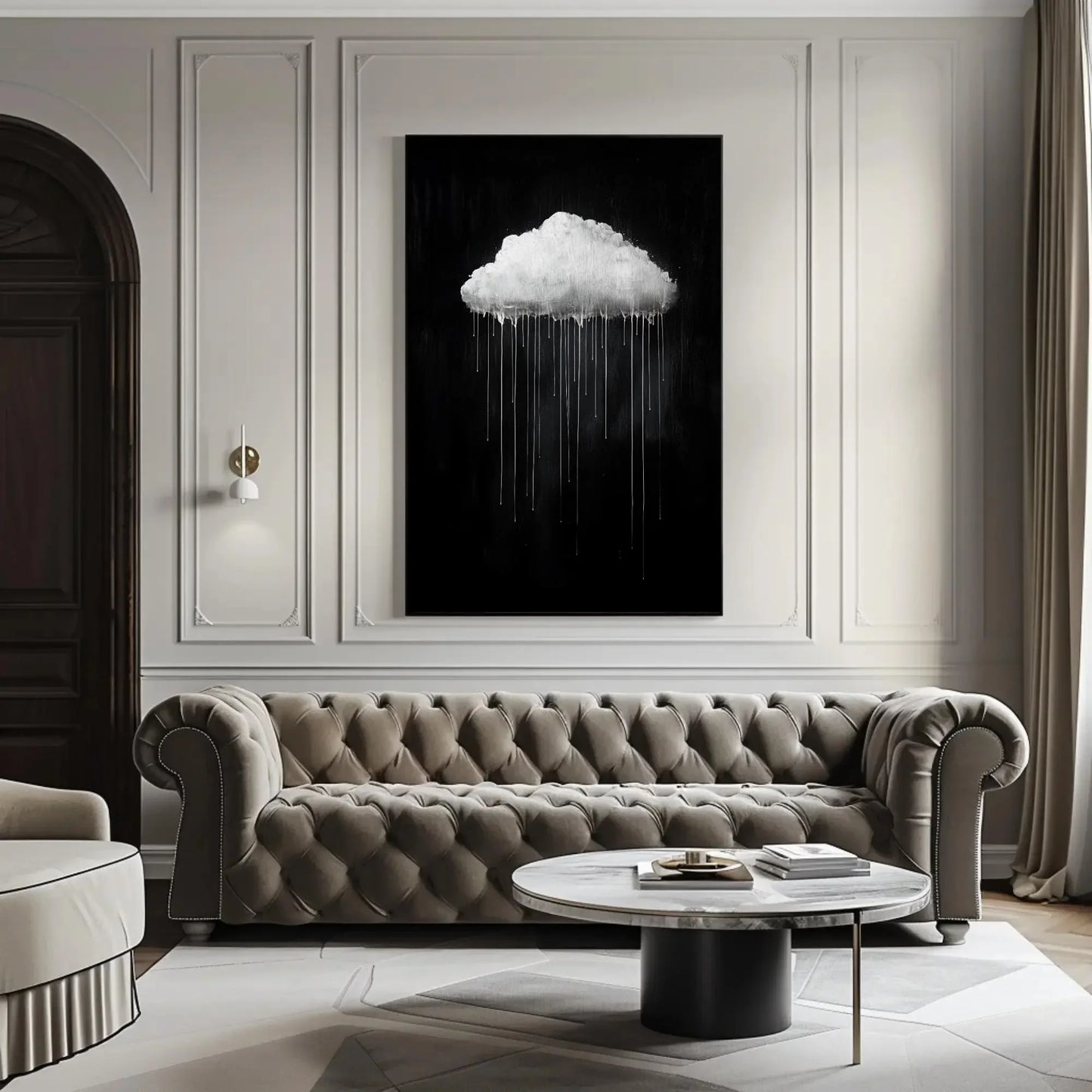 Oversized Dripping Cloud Canvas Wall Art in Monochrome, Minimalist Abstract Sky Painting for Bedroom or Contemporary Interiors Wall Art – Canvas Print