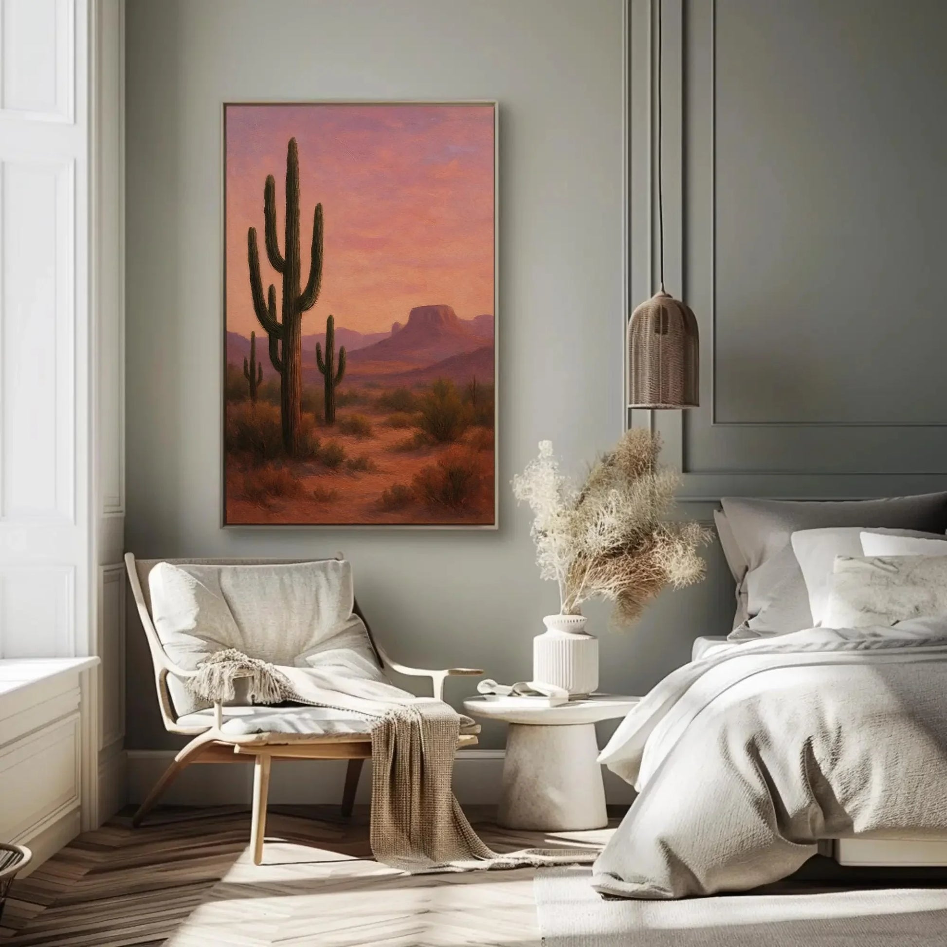 Desert Cactus Sunset Canvas Print, Southwestern Saguaro Wall Art for Boho Living Room or Office, Warm Western Landscape Print Wall Art – Canvas Print