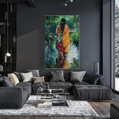 Indian Women in Sarees Walking in Rain Canvas Print | Vibrant Traditional Oil Painting | Cultural Indian Wall Art for Living Room or Bedroom Wall Art – Canvas Print
