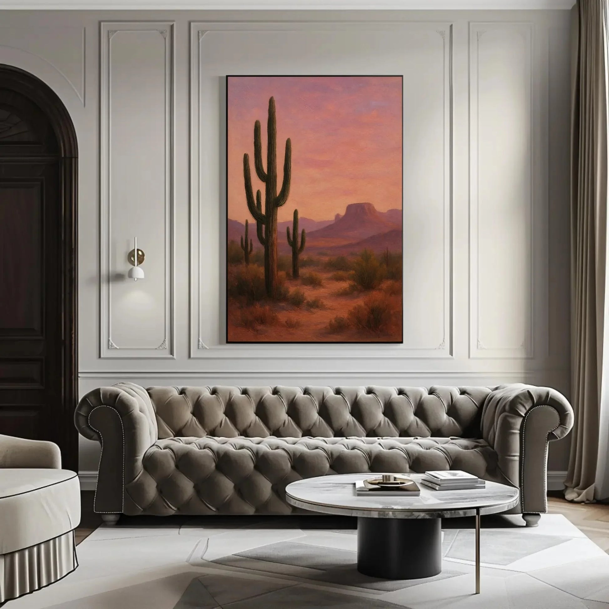 Desert Cactus Sunset Canvas Print, Southwestern Saguaro Wall Art for Boho Living Room or Office, Warm Western Landscape Print Wall Art – Canvas Print