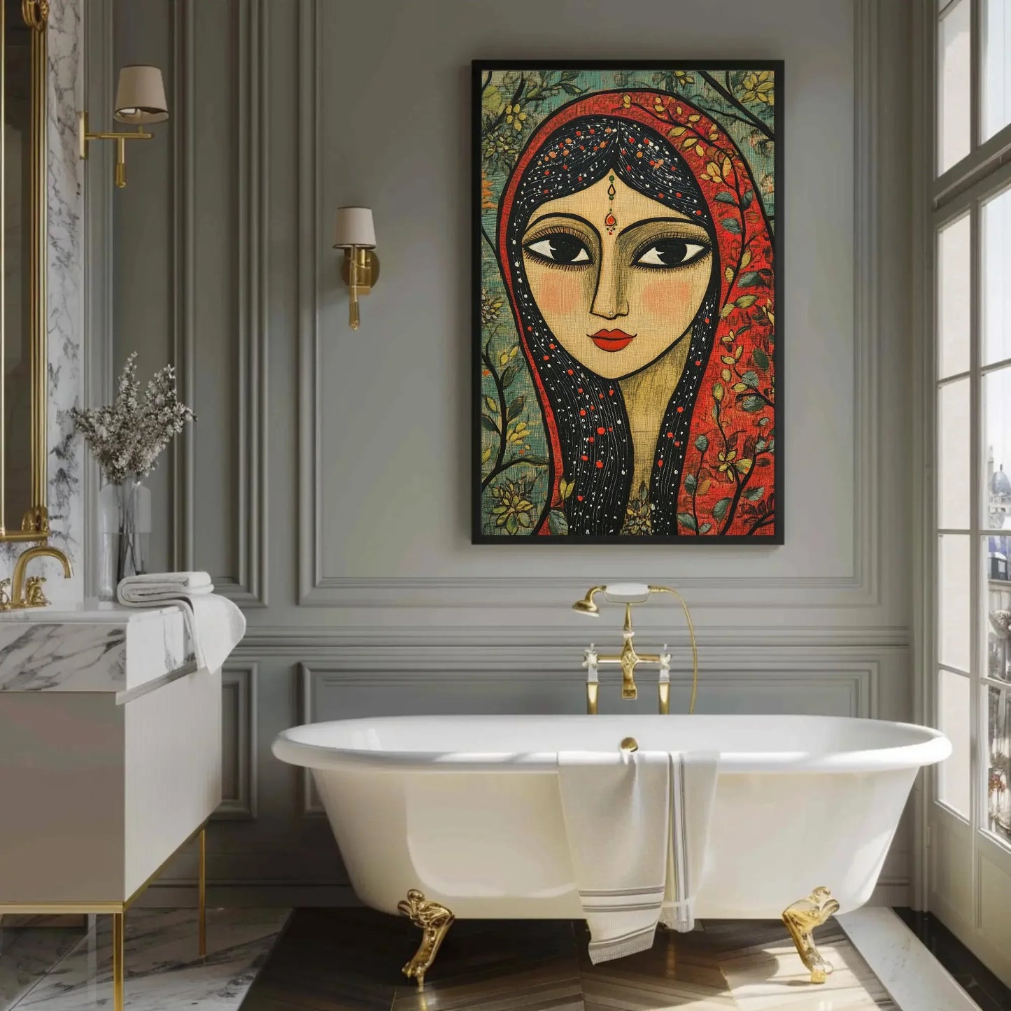 Indian Woman Sage Green Canvas Print, Madhubani-Inspired Folk Art, Traditional Indian Artwork for Restaurant Decor or Living Room Art Gift Wall Art – Canvas Print