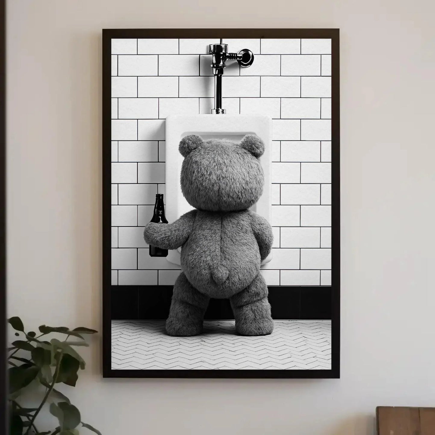 Funny Bathroom Canvas Print, Extra Large Teddy Bear Peeing with Beer Wall Art, Humorous Rustic Decor for Bar Bathroom, Cabin, or Man Cave Wall Art – Canvas Print