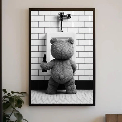 Funny Bathroom Canvas Print, Extra Large Teddy Bear Peeing with Beer Wall Art, Humorous Rustic Decor for Bar Bathroom, Cabin, or Man Cave Wall Art – Canvas Print