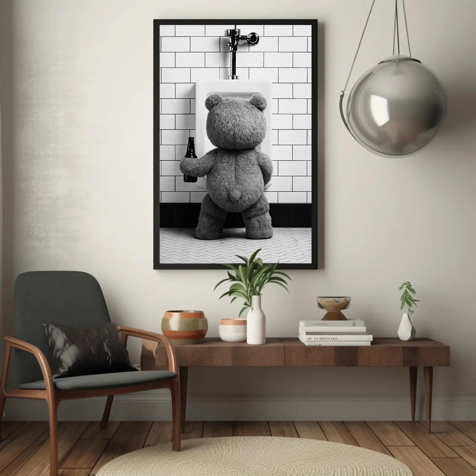 Funny Bathroom Canvas Print, Extra Large Teddy Bear Peeing with Beer Wall Art, Humorous Rustic Decor for Bar Bathroom, Cabin, or Man Cave Wall Art – Canvas Print