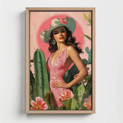 Latina Cowgirl with Cactus and Flowers Canvas Print, Southwestern Wall Art, Vibrant Mexican Decor, Cowgirl Floral Art, Ready to Hang Wall Art – Canvas Print