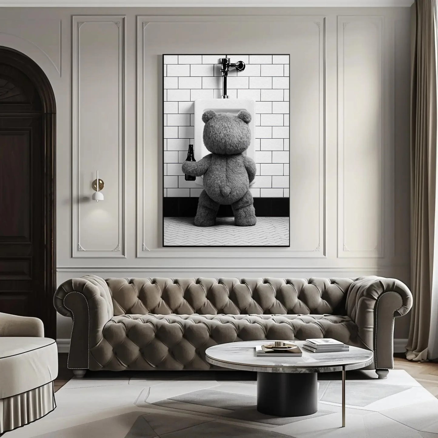 Funny Bathroom Canvas Print, Extra Large Teddy Bear Peeing with Beer Wall Art, Humorous Rustic Decor for Bar Bathroom, Cabin, or Man Cave Wall Art – Canvas Print