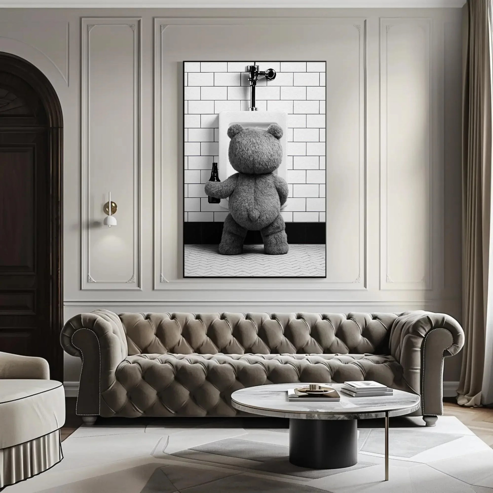 Funny Bathroom Canvas Print, Extra Large Teddy Bear Peeing with Beer Wall Art, Humorous Rustic Decor for Bar Bathroom, Cabin, or Man Cave Wall Art – Canvas Print