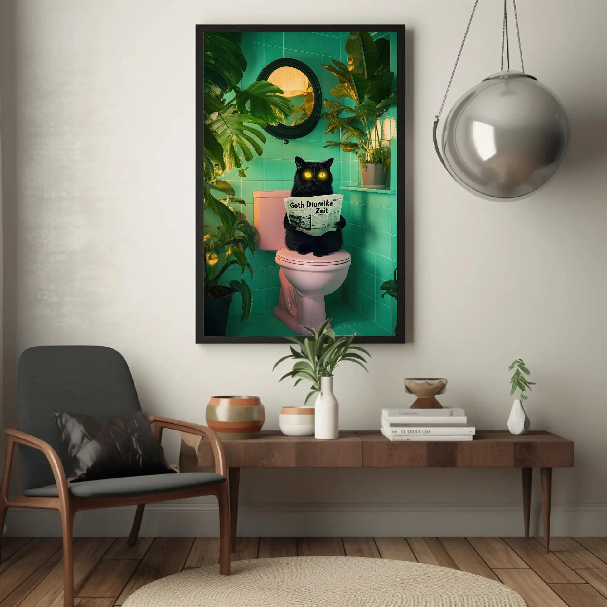 Funny Black Cat Bathroom Canvas Print, Extra Large Quirky Wall Art with Neon Eyes, Whimsical Toilet Humor for Cat Lovers, Plant Decor Fans Wall Art – Canvas Print