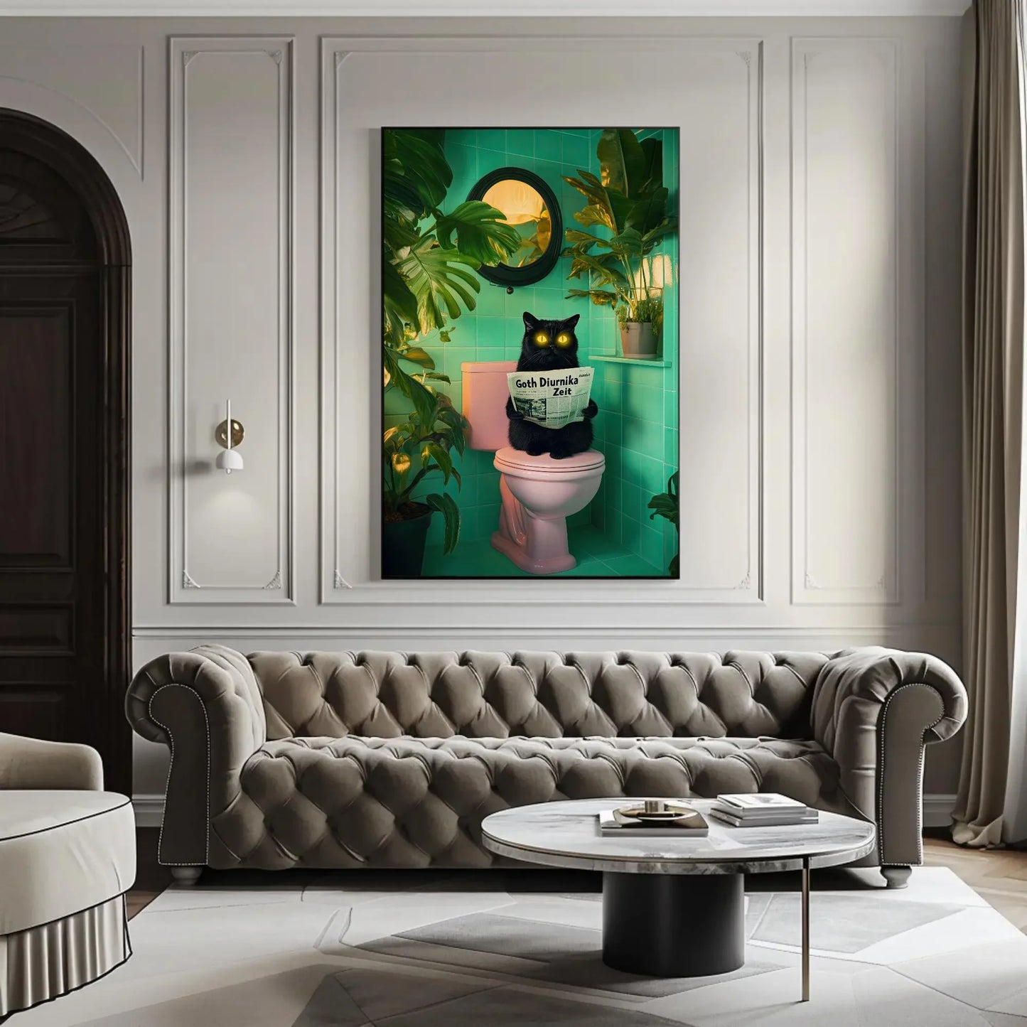 Funny Black Cat Bathroom Canvas Print, Extra Large Quirky Wall Art with Neon Eyes, Whimsical Toilet Humor for Cat Lovers, Plant Decor Fans Wall Art – Canvas Print