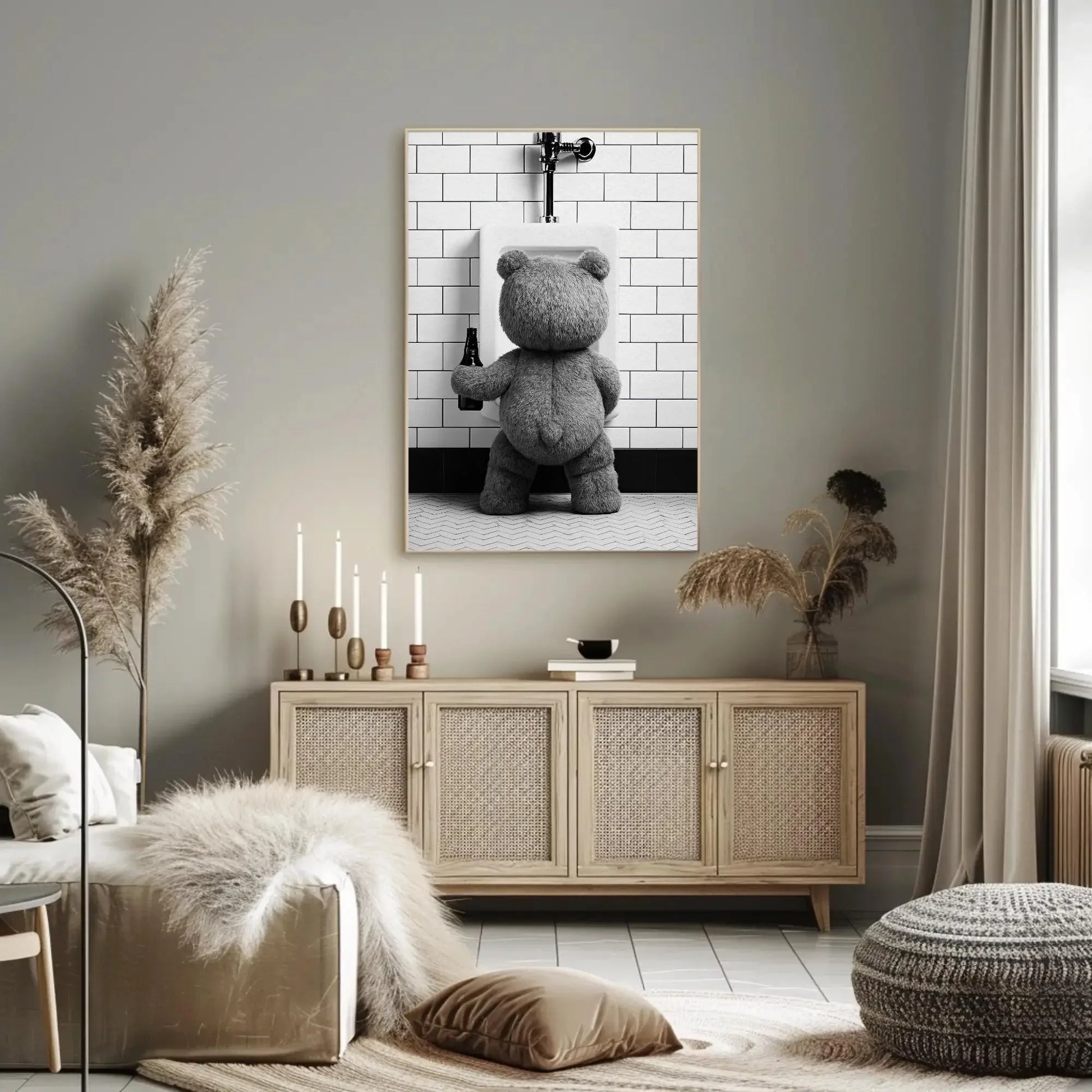 Funny Bathroom Canvas Print, Extra Large Teddy Bear Peeing with Beer Wall Art, Humorous Rustic Decor for Bar Bathroom, Cabin, or Man Cave Wall Art – Canvas Print