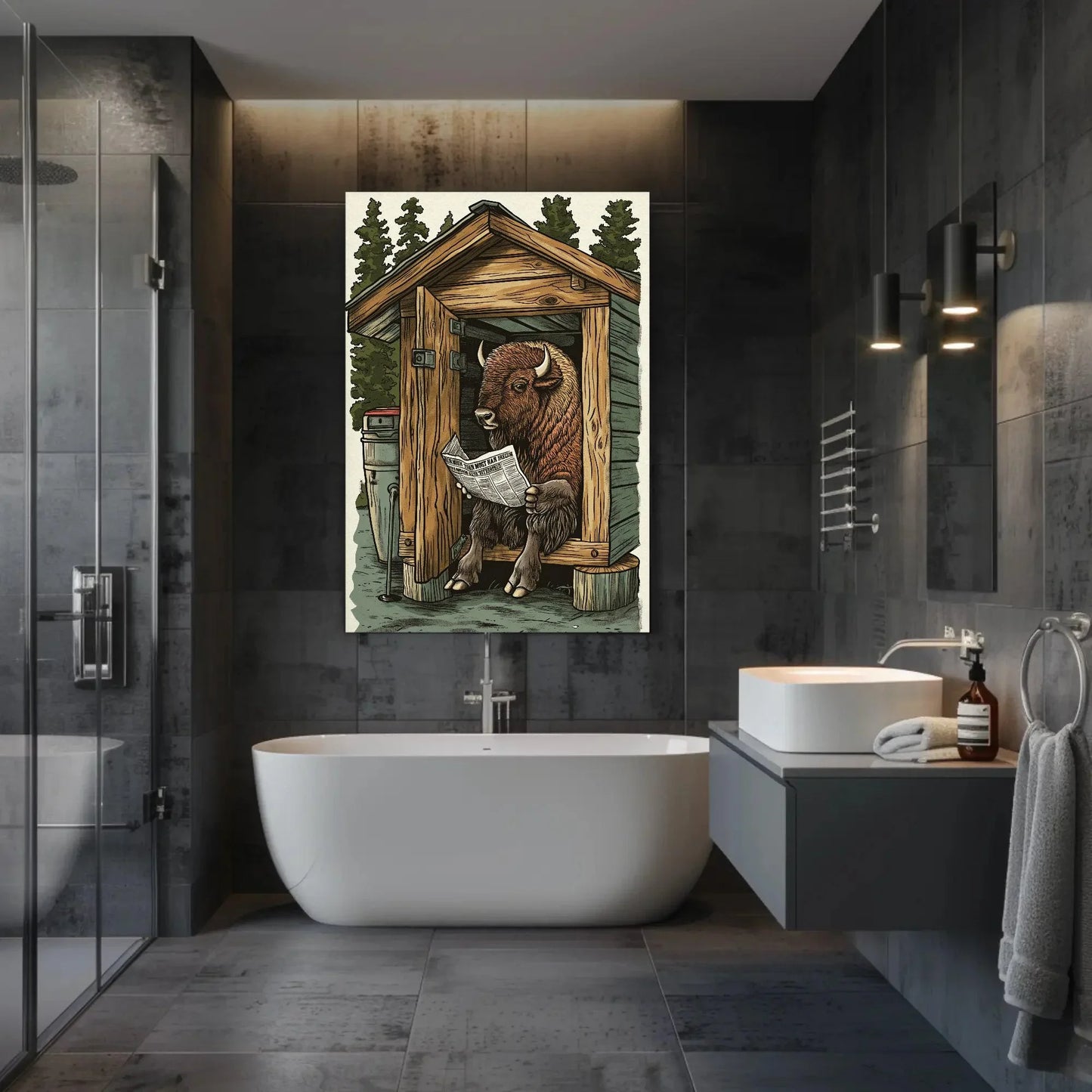 Bison on toilet reading newspaper funny bathroom wall art, animals on toilet, toilet humor, funny bathroom canvas print, rustic wall art Wall Art – Canvas Print