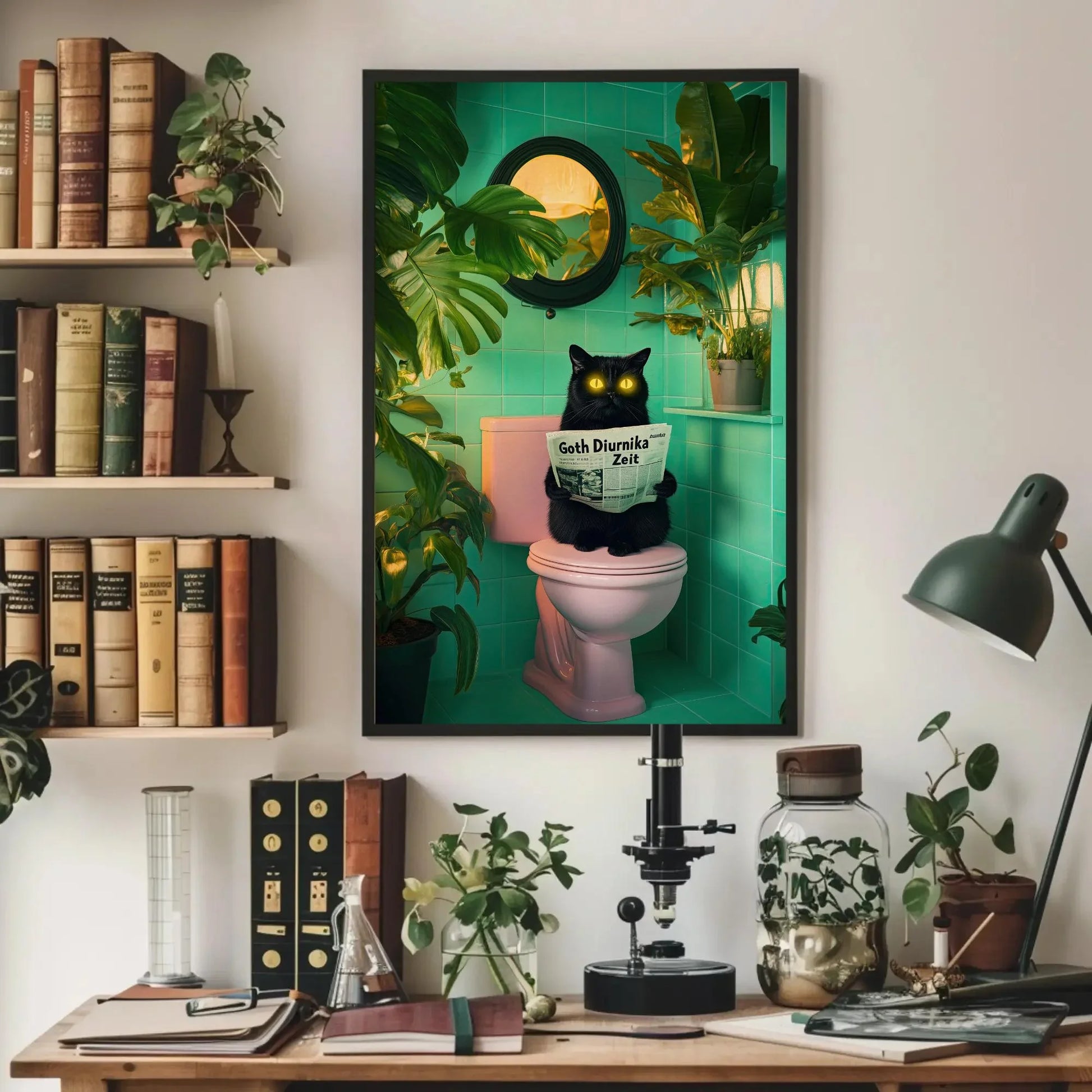 Funny Black Cat Bathroom Canvas Print, Extra Large Quirky Wall Art with Neon Eyes, Whimsical Toilet Humor for Cat Lovers, Plant Decor Fans Wall Art – Canvas Print