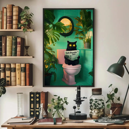 Funny Black Cat Bathroom Canvas Print, Extra Large Quirky Wall Art with Neon Eyes, Whimsical Toilet Humor for Cat Lovers, Plant Decor Fans Wall Art – Canvas Print
