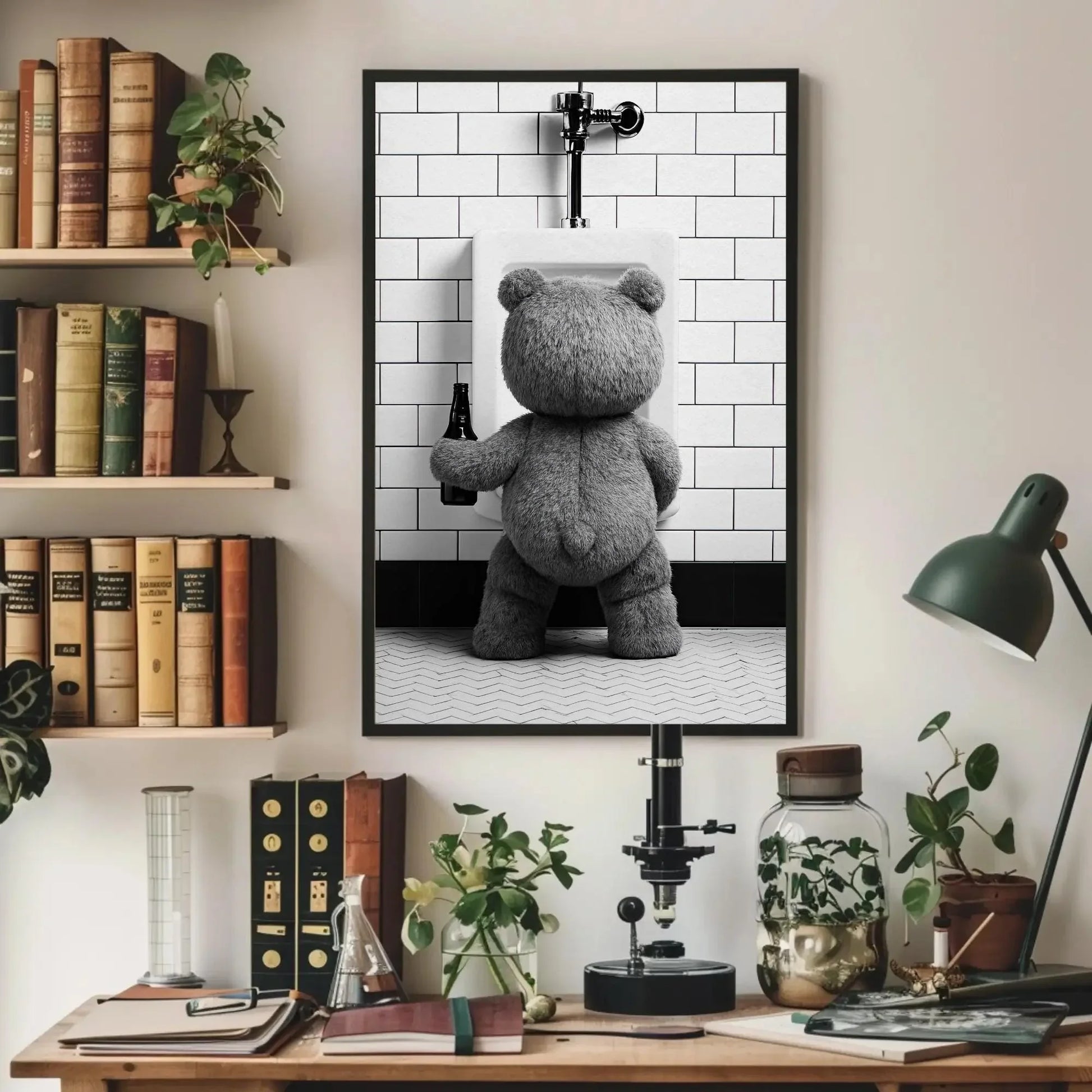 Funny Bathroom Canvas Print, Extra Large Teddy Bear Peeing with Beer Wall Art, Humorous Rustic Decor for Bar Bathroom, Cabin, or Man Cave Wall Art – Canvas Print