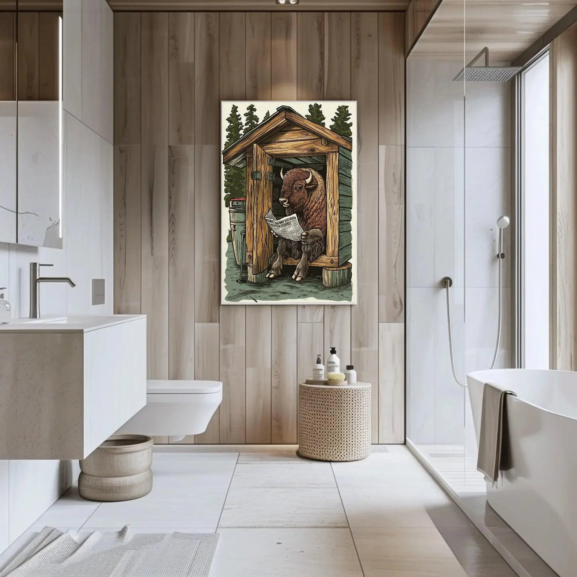 Bison on toilet reading newspaper funny bathroom wall art, animals on toilet, toilet humor, funny bathroom canvas print, rustic wall art Wall Art – Canvas Print