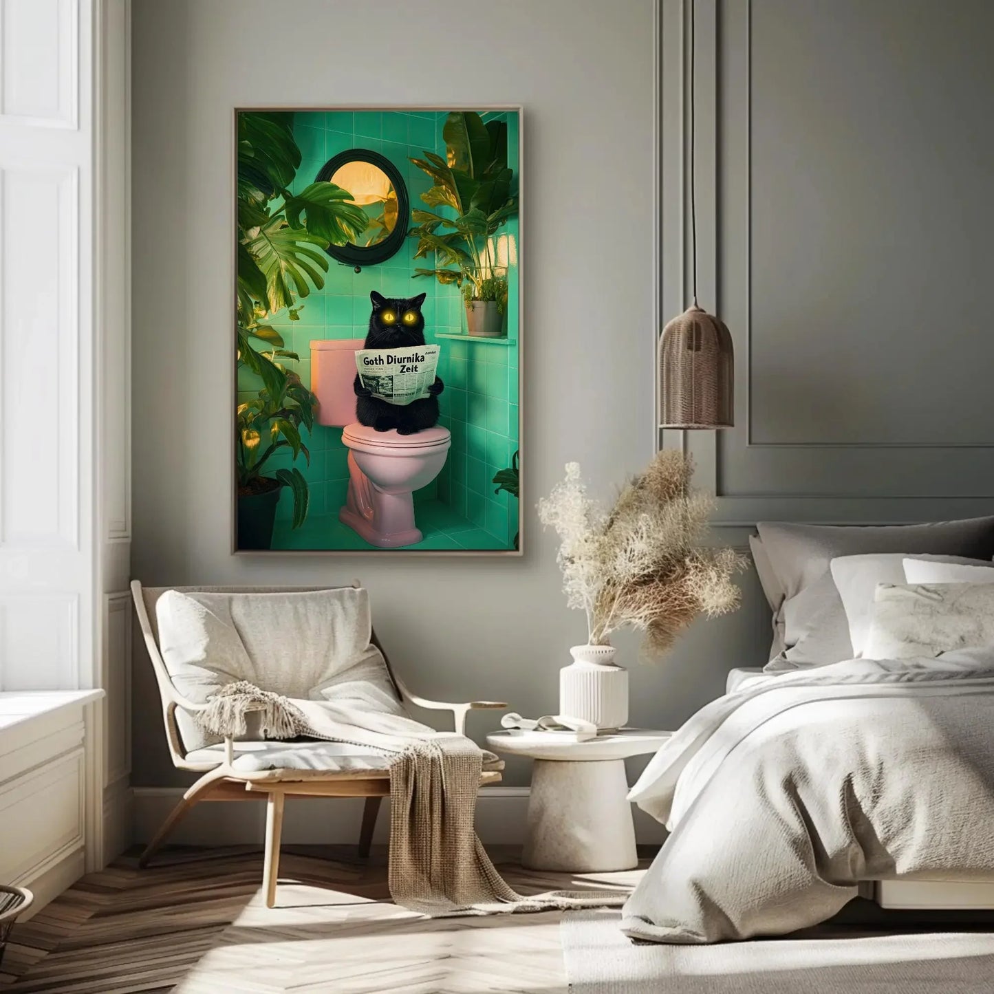 Funny Black Cat Bathroom Canvas Print, Extra Large Quirky Wall Art with Neon Eyes, Whimsical Toilet Humor for Cat Lovers, Plant Decor Fans Wall Art – Canvas Print