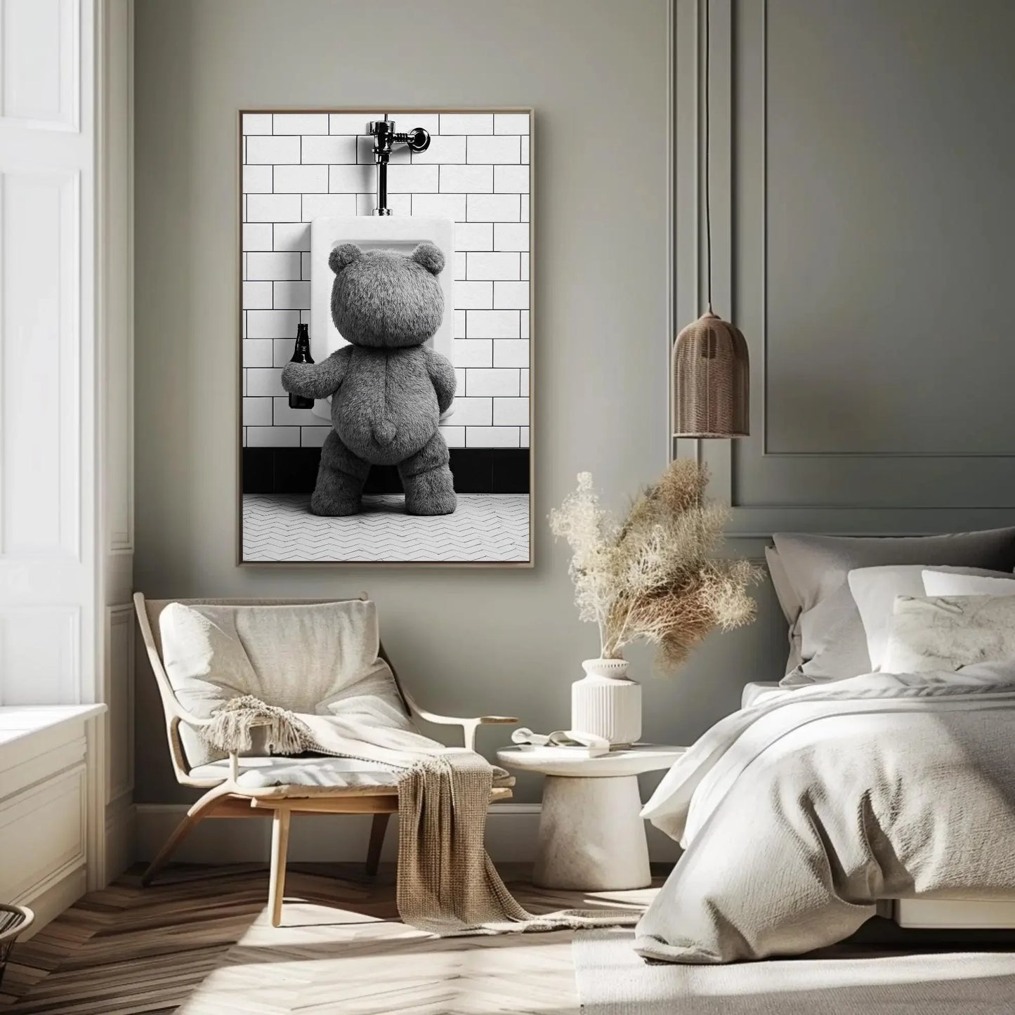 Funny Bathroom Canvas Print, Extra Large Teddy Bear Peeing with Beer Wall Art, Humorous Rustic Decor for Bar Bathroom, Cabin, or Man Cave Wall Art – Canvas Print