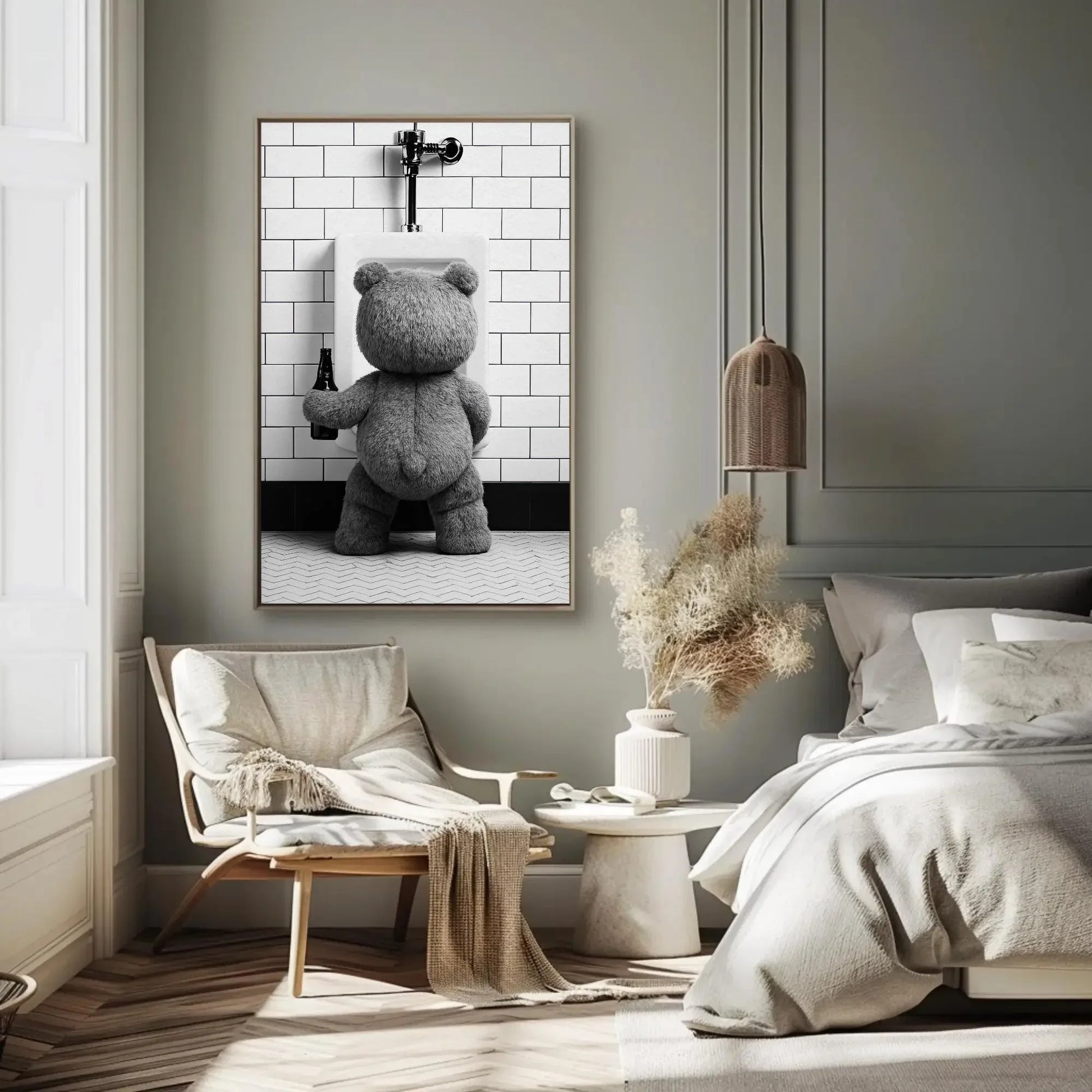 Funny Bathroom Canvas Print, Extra Large Teddy Bear Peeing with Beer Wall Art, Humorous Rustic Decor for Bar Bathroom, Cabin, or Man Cave Wall Art – Canvas Print