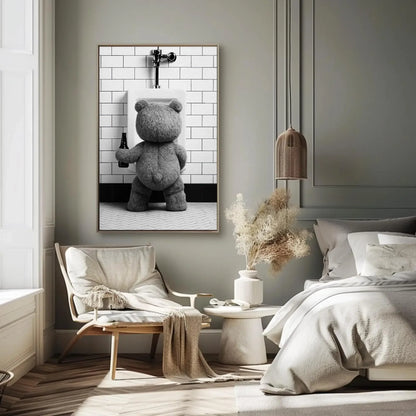 Funny Bathroom Canvas Print, Extra Large Teddy Bear Peeing with Beer Wall Art, Humorous Rustic Decor for Bar Bathroom, Cabin, or Man Cave Wall Art – Canvas Print