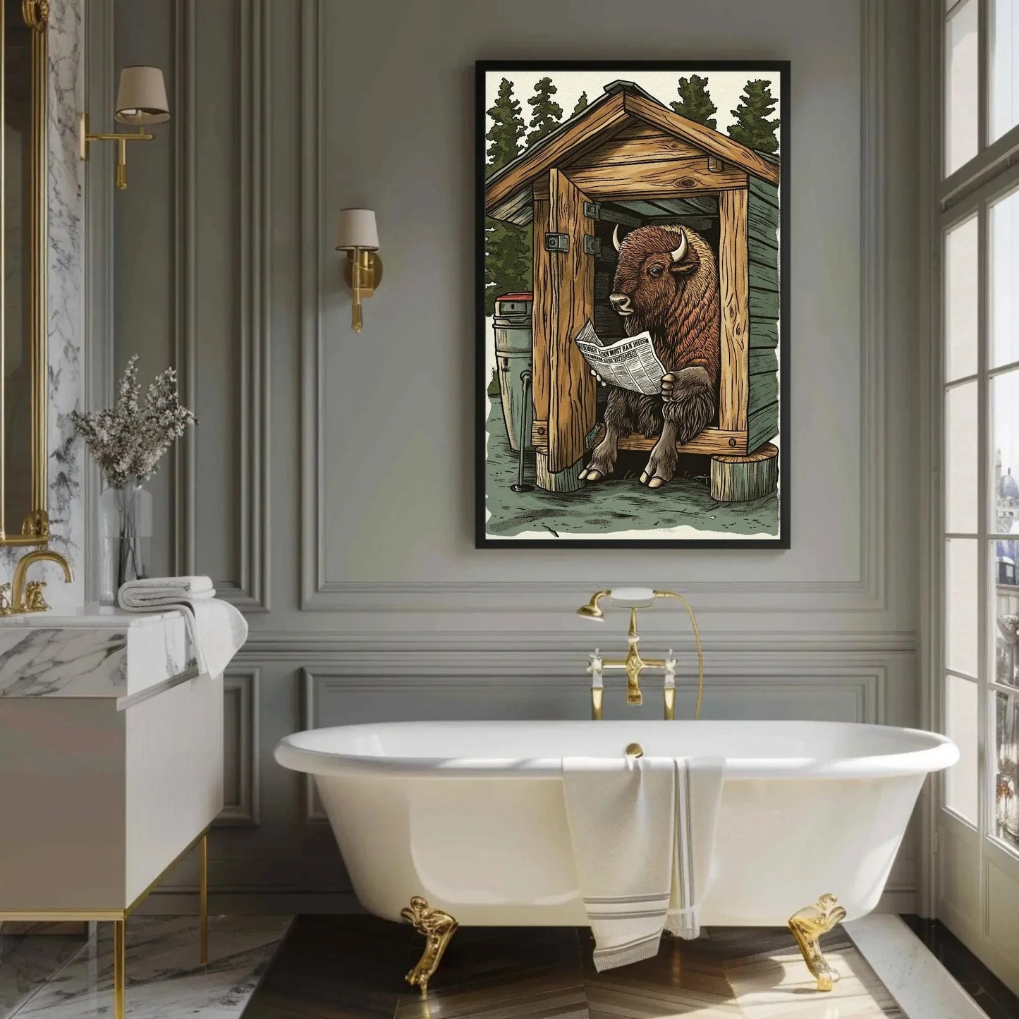 Bison on toilet reading newspaper funny bathroom wall art, animals on toilet, toilet humor, funny bathroom canvas print, rustic wall art Wall Art – Canvas Print