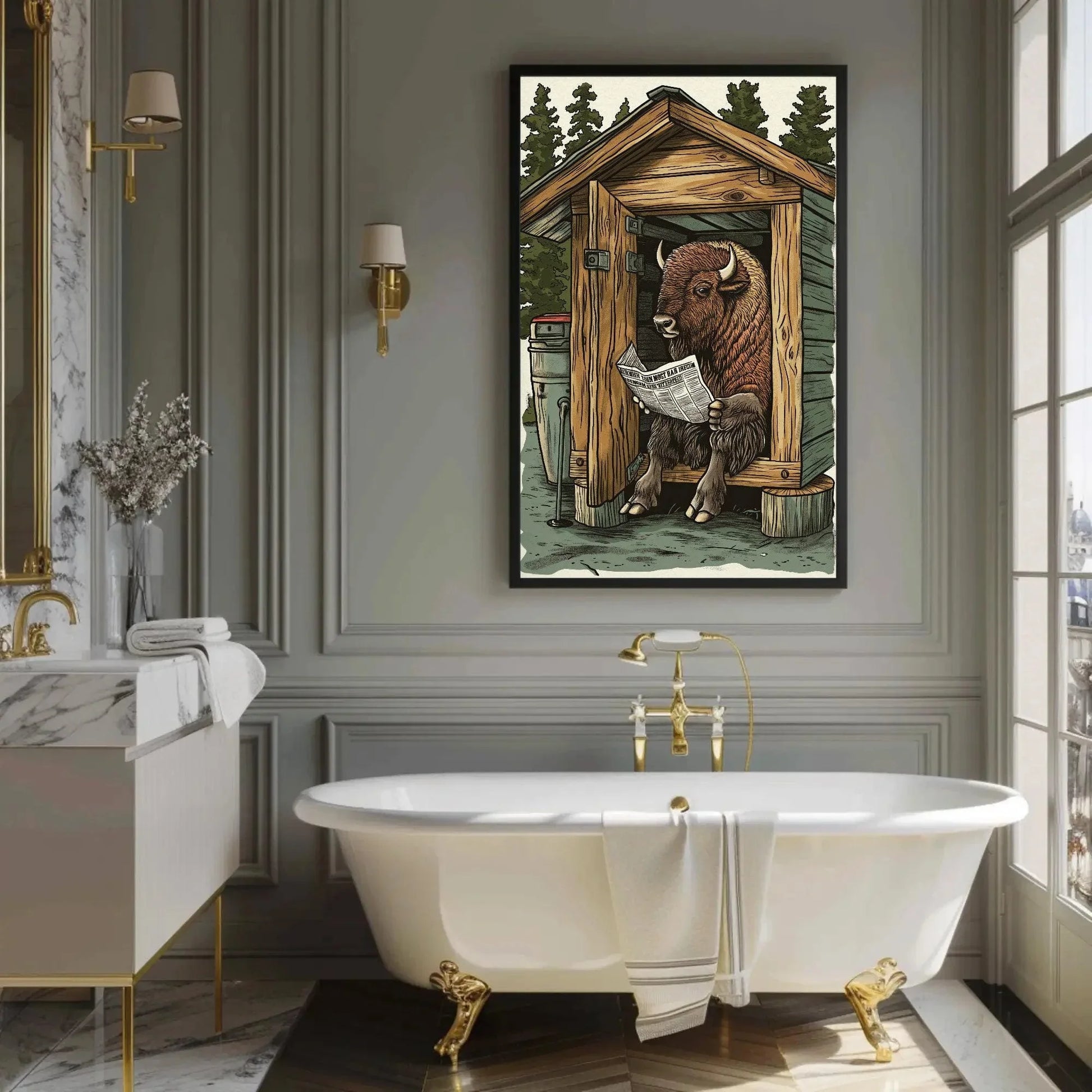 Bison on toilet reading newspaper funny bathroom wall art, animals on toilet, toilet humor, funny bathroom canvas print, rustic wall art Wall Art – Canvas Print
