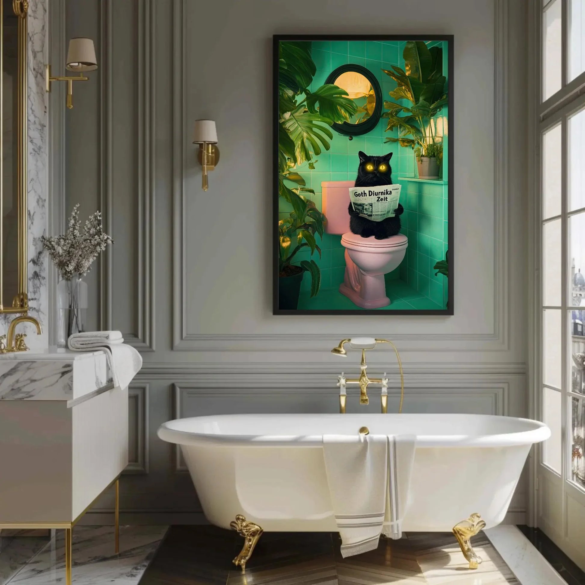 Funny Black Cat Bathroom Canvas Print, Extra Large Quirky Wall Art with Neon Eyes, Whimsical Toilet Humor for Cat Lovers, Plant Decor Fans Wall Art – Canvas Print