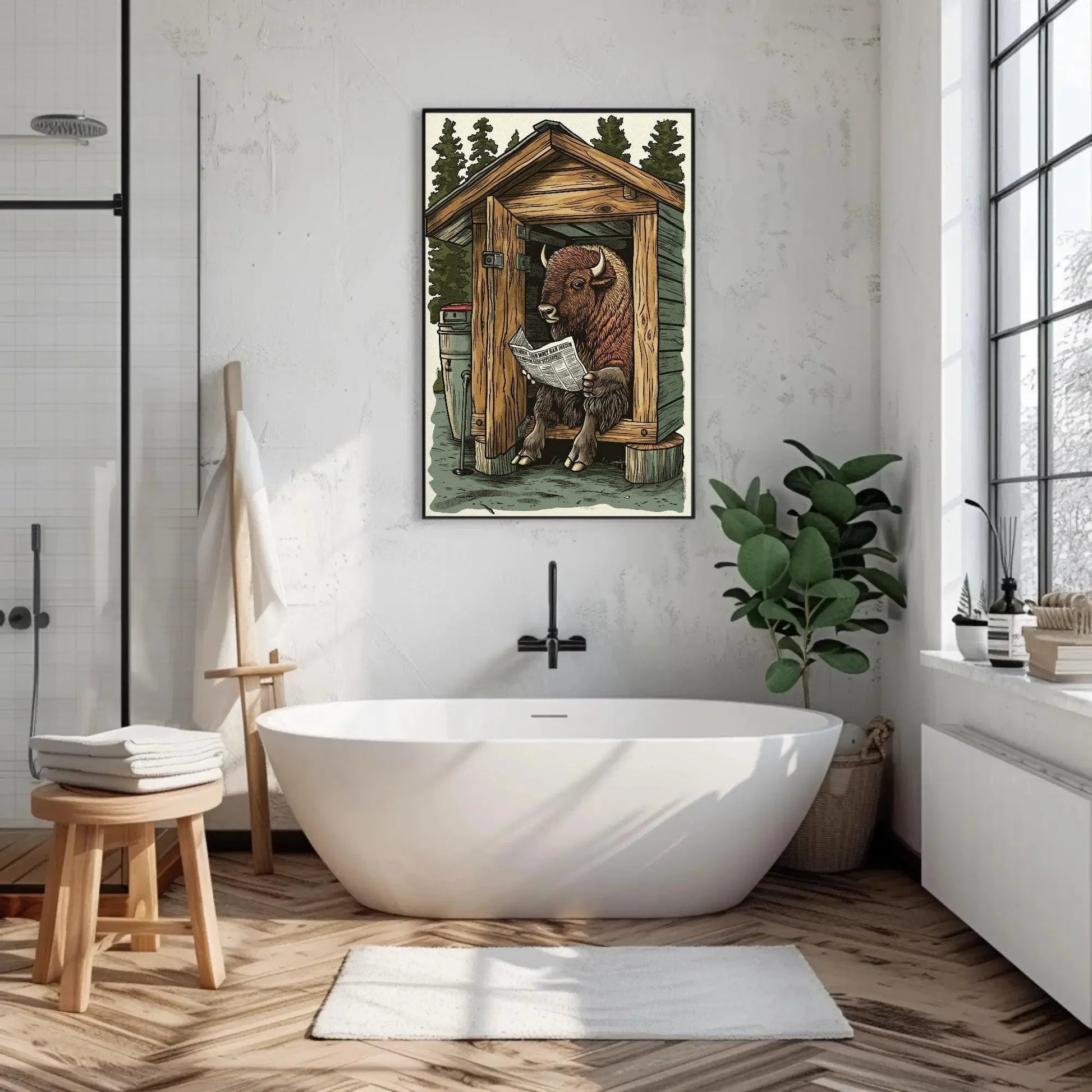Bison on toilet reading newspaper funny bathroom wall art, animals on toilet, toilet humor, funny bathroom canvas print, rustic wall art Wall Art – Canvas Print