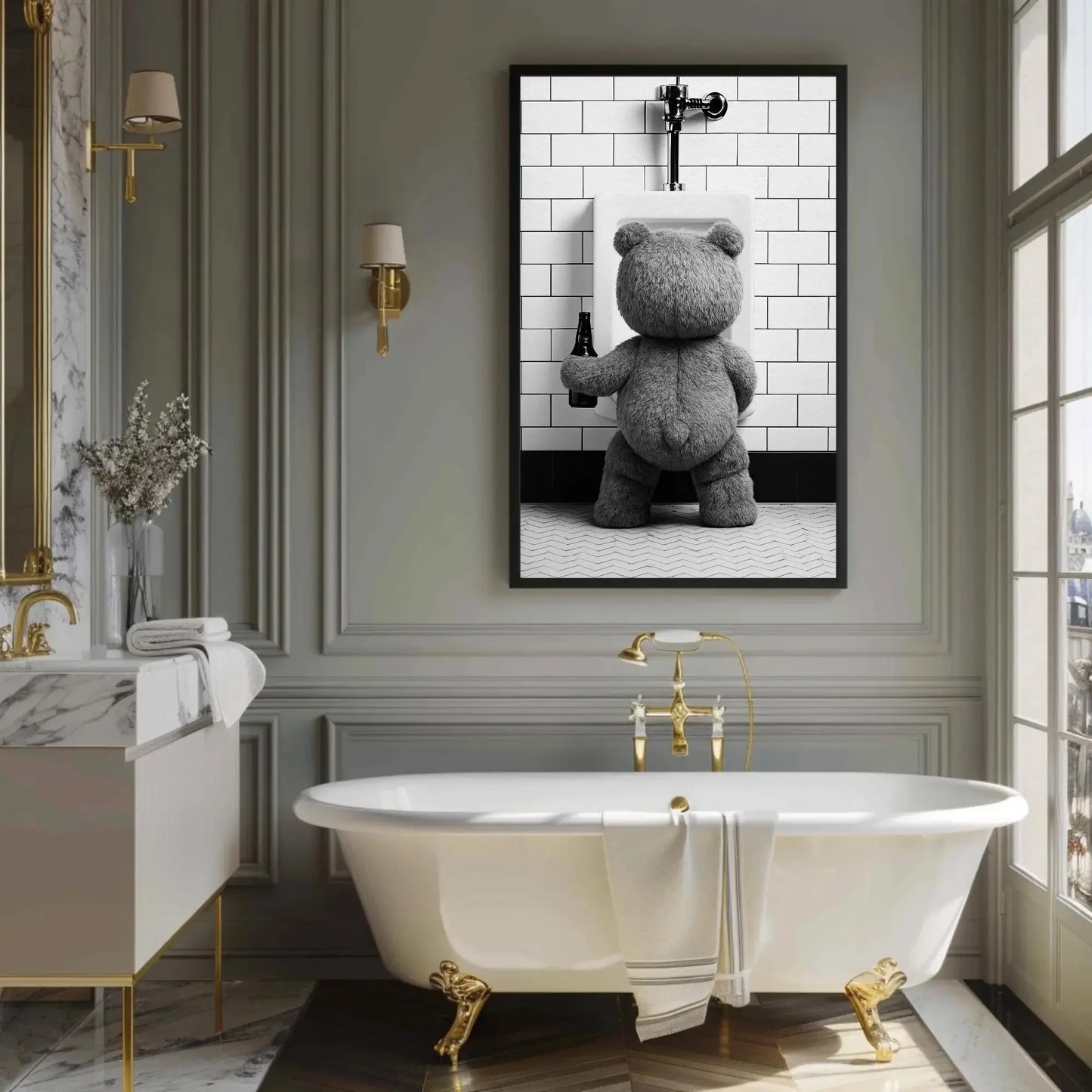 Funny Bathroom Canvas Print, Extra Large Teddy Bear Peeing with Beer Wall Art, Humorous Rustic Decor for Bar Bathroom, Cabin, or Man Cave Wall Art – Canvas Print