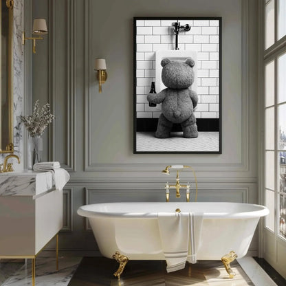 Funny Bathroom Canvas Print, Extra Large Teddy Bear Peeing with Beer Wall Art, Humorous Rustic Decor for Bar Bathroom, Cabin, or Man Cave Wall Art – Canvas Print