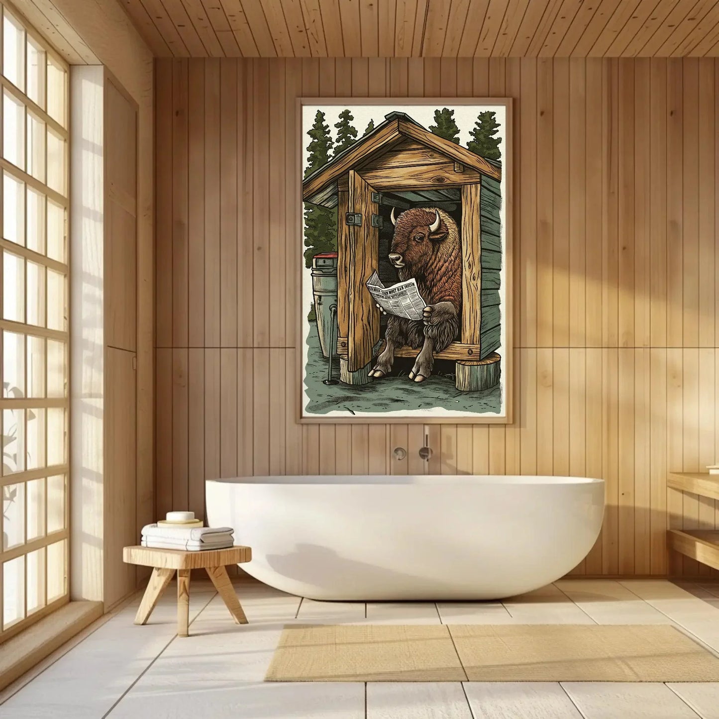 Bison on toilet reading newspaper funny bathroom wall art, animals on toilet, toilet humor, funny bathroom canvas print, rustic wall art Wall Art – Canvas Print