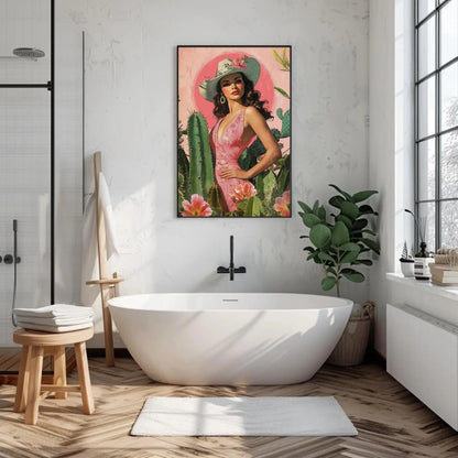 Latina Cowgirl with Cactus and Flowers Canvas Print, Southwestern Wall Art, Vibrant Mexican Decor, Cowgirl Floral Art, Ready to Hang Wall Art – Canvas Print