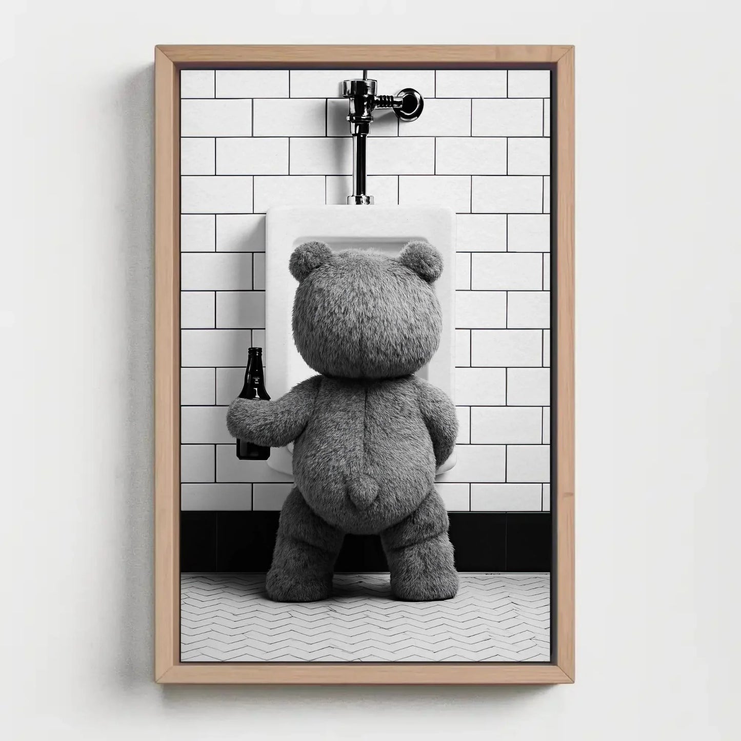 Funny Bathroom Canvas Print, Extra Large Teddy Bear Peeing with Beer Wall Art, Humorous Rustic Decor for Bar Bathroom, Cabin, or Man Cave Wall Art – Canvas Print