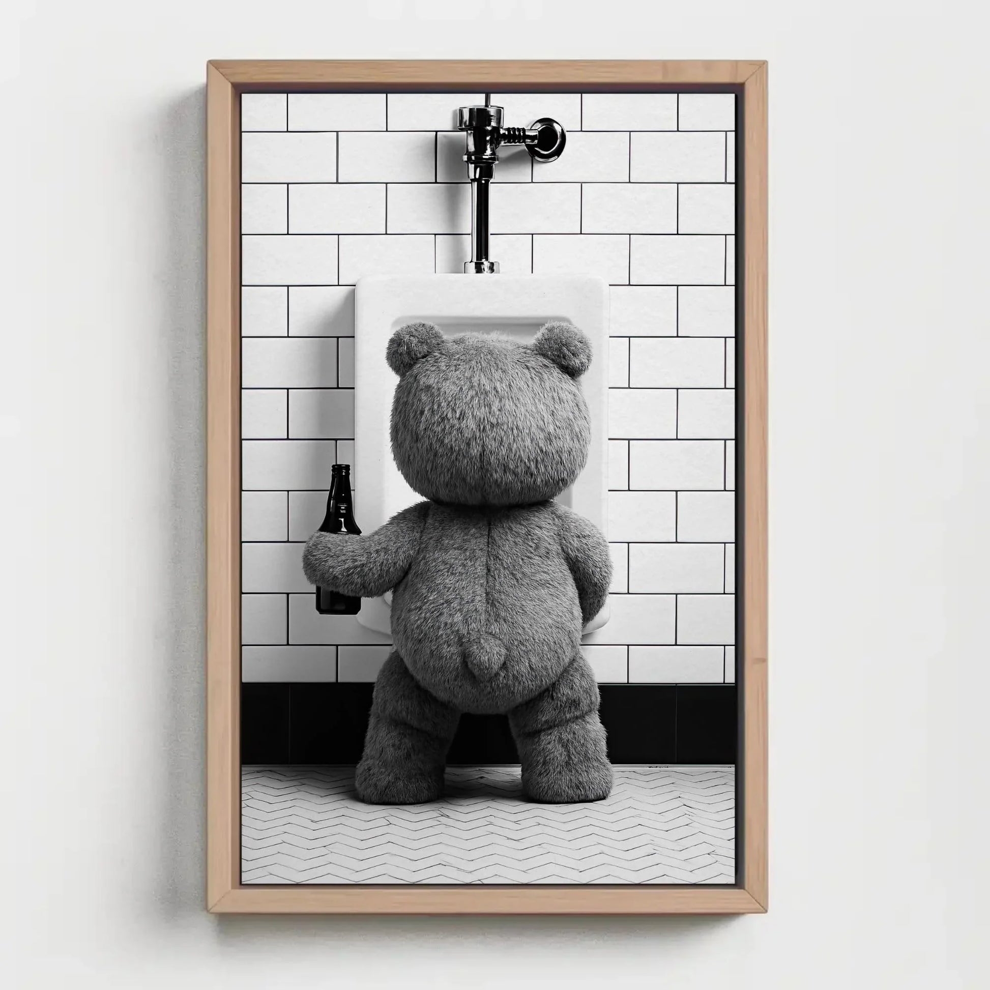 Funny Bathroom Canvas Print, Extra Large Teddy Bear Peeing with Beer Wall Art, Humorous Rustic Decor for Bar Bathroom, Cabin, or Man Cave Wall Art – Canvas Print