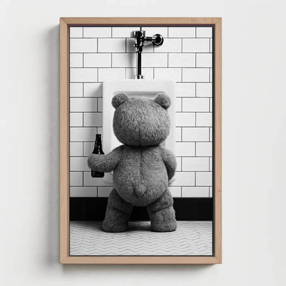 Funny Bathroom Canvas Print, Extra Large Teddy Bear Peeing with Beer Wall Art, Humorous Rustic Decor for Bar Bathroom, Cabin, or Man Cave Wall Art – Canvas Print
