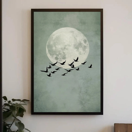 Sage Green Japandi Sun and Birds Canvas Print, Large, Abstract Wall Art, Minimalist Nature Decor for Bedroom, Office, or Zen Living Space Wall Art – Canvas Print