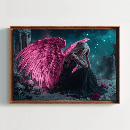 Sad Gothic Angel Canvas Print, Extra Large Pink Wing Tattoo Girl Wall Art, Emotional Fantasy Skull Decor for Alternative Bedroom or Studio Wall Art – Canvas Print