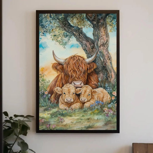 Highland Cow Family Under Tree Canvas Print - Extra Large Watercolor Farm Animal Art - Cozy Rustic Wall Decor for Country Home or Nursery Wall Art – Canvas Print