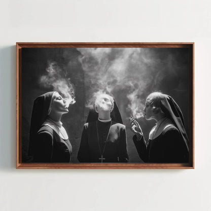 Three Nuns Smoking Canvas Print, Extra Large Monochrome Wall Art, Rebellious Black and White Photo for Modern Living Room or Creative Studio Wall Art – Canvas Print