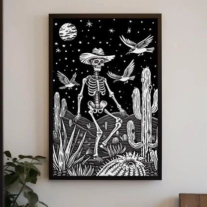 Mexican Skull with Sombrero Canvas Print, Extra Large Black and White Cactus Art, Day of the Dead Wall Decor for Rustic Cultural Home Style Wall Art – Canvas Print