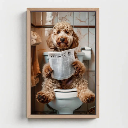 Goldendoodle dog reading newspaper on toilet canvas print - toilet humor -whimsical bathroom art - funny animal print - hq ready to hang Wall Art – Canvas Print