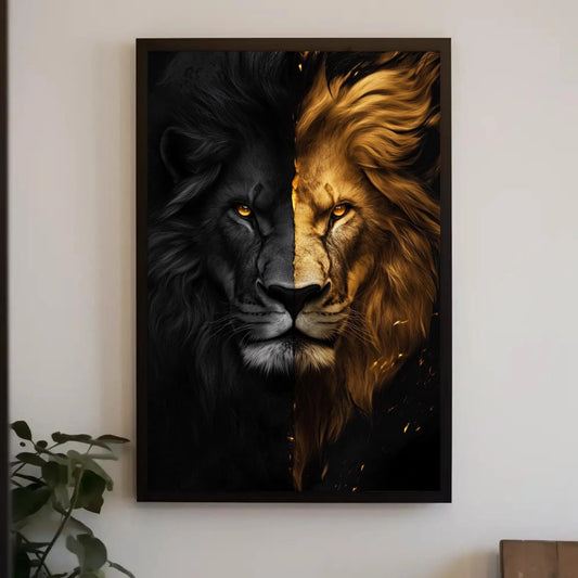 Black and Gold Lion Canvas Print - Majestic Lion Abstract Wall Art - Framed Luxury Wildlife Decor for Office, Bedroom, or Living Room Wall Art – Canvas Print