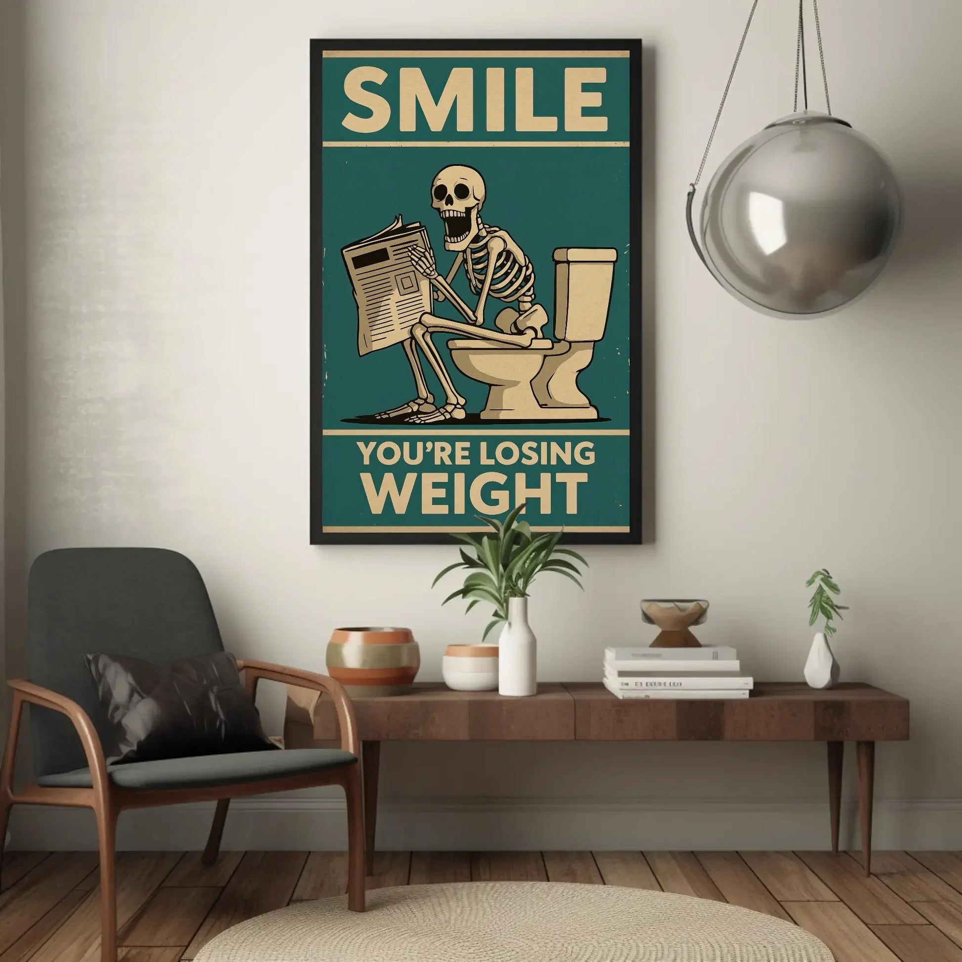 Skeleton Reading Newspaper Canvas Print, Extra Large Funny “You’re Losing Weight” Wall Art, Humorous Bathroom or Office Decor Quirky Spaces Wall Art – Canvas Print
