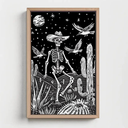 Mexican Skull with Sombrero Canvas Print, Extra Large Black and White Cactus Art, Day of the Dead Wall Decor for Rustic Cultural Home Style Wall Art – Canvas Print