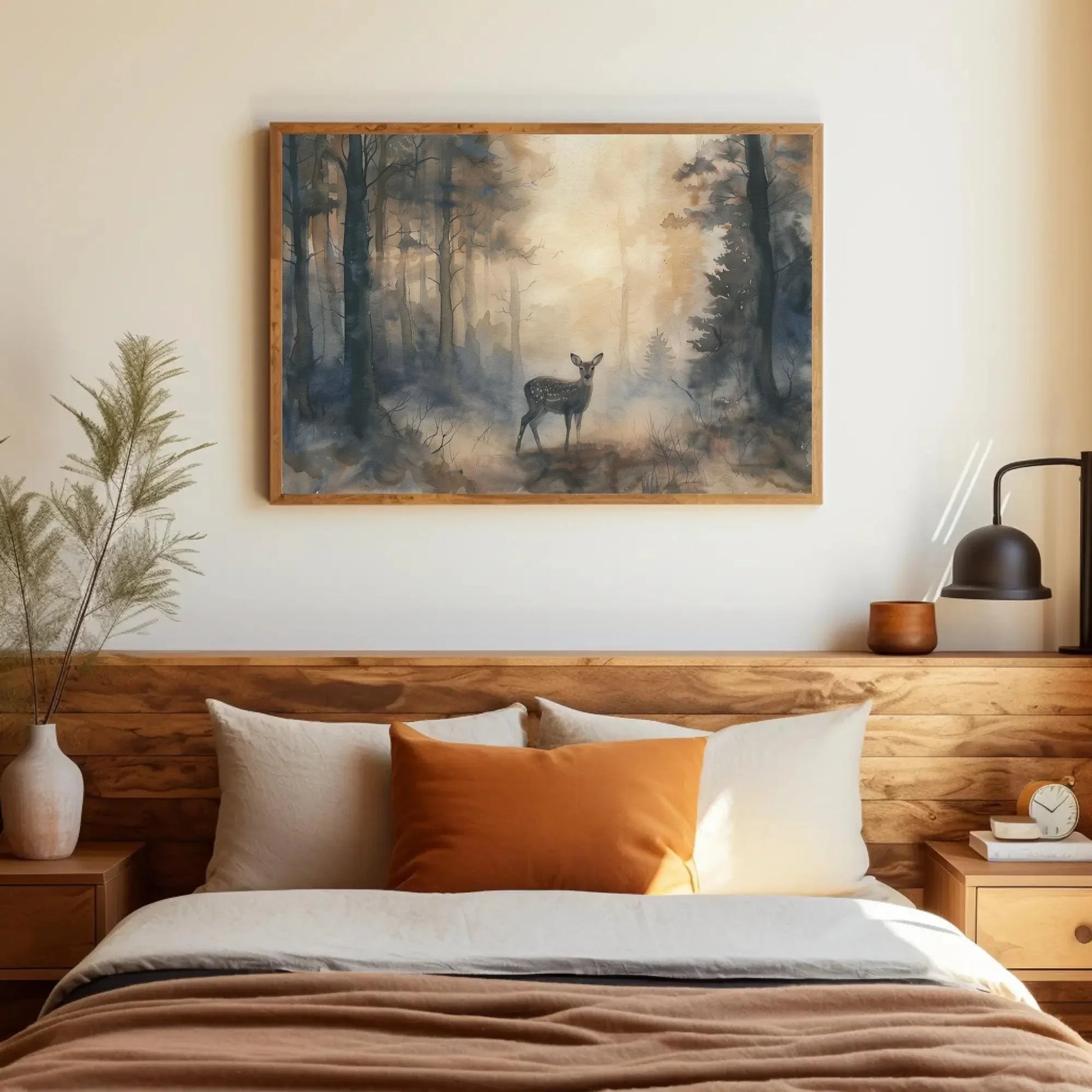 Deer in Misty Pine Forest Canvas Print - Extra Large Watercolor Woodland Painting - Serene Nature Wall Art for Cabin, Lodge, or Rustic Home Wall Art – Canvas Print