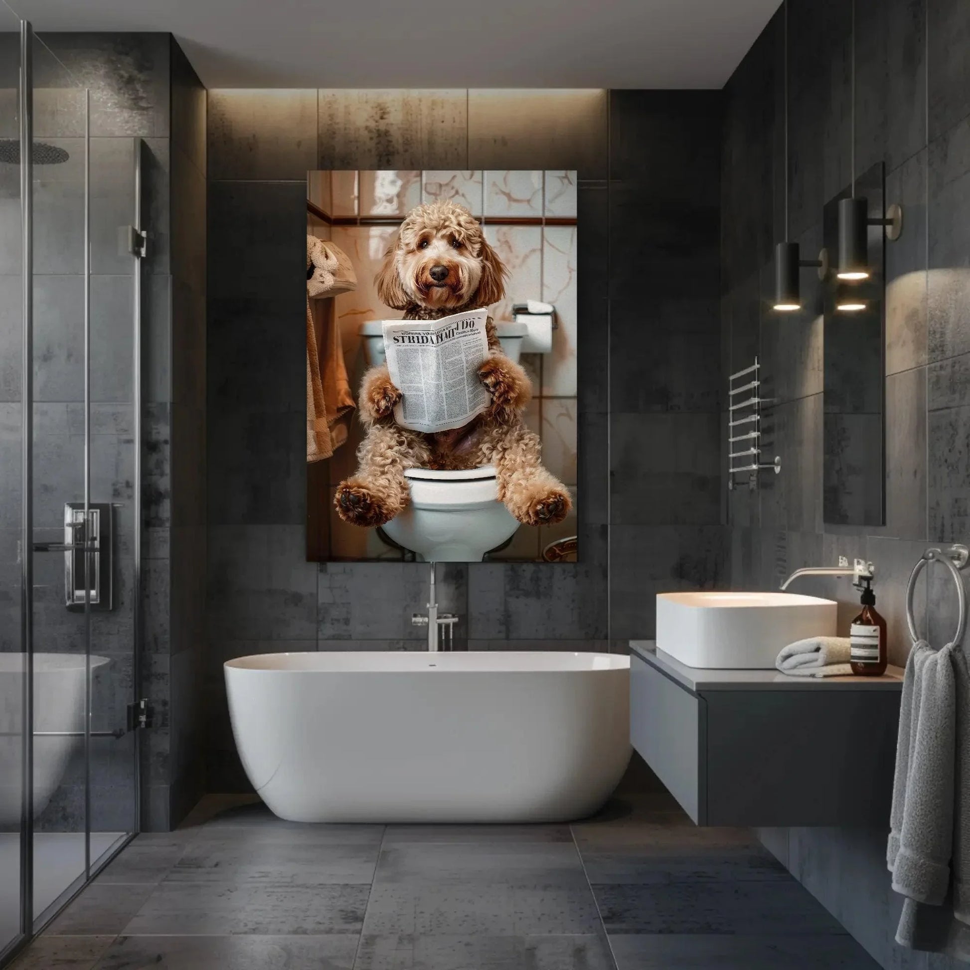 Goldendoodle dog reading newspaper on toilet canvas print - toilet humor -whimsical bathroom art - funny animal print - hq ready to hang Wall Art – Canvas Print