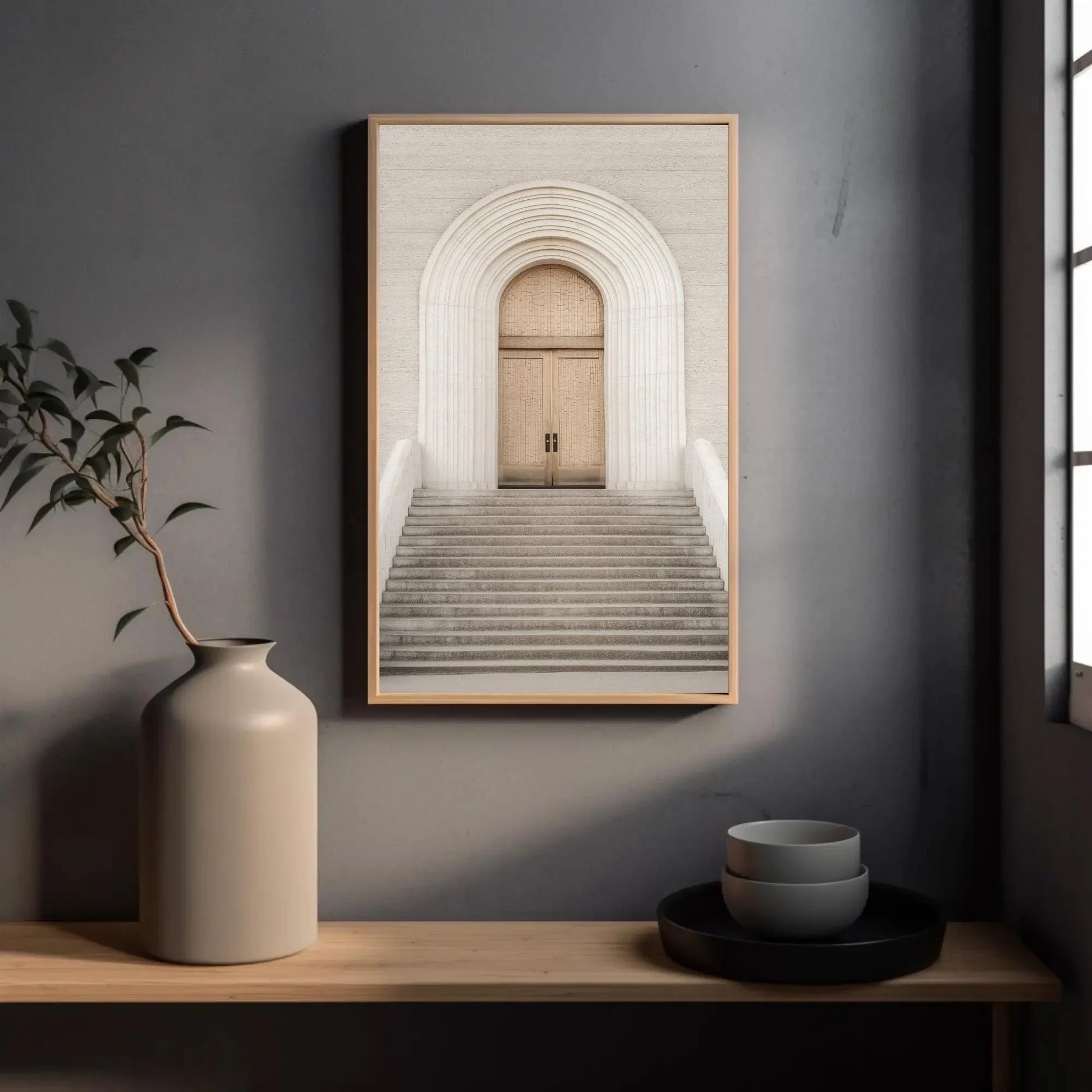 White Door and Stairs Minimalist Canvas Print - Modern Architectural Wall Art - Framed Contemporary Decor for Living Room, Office, Bedroom Wall Art – Canvas Print